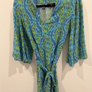Lauren Gold Vibrant Blue and Green Patterned Dress